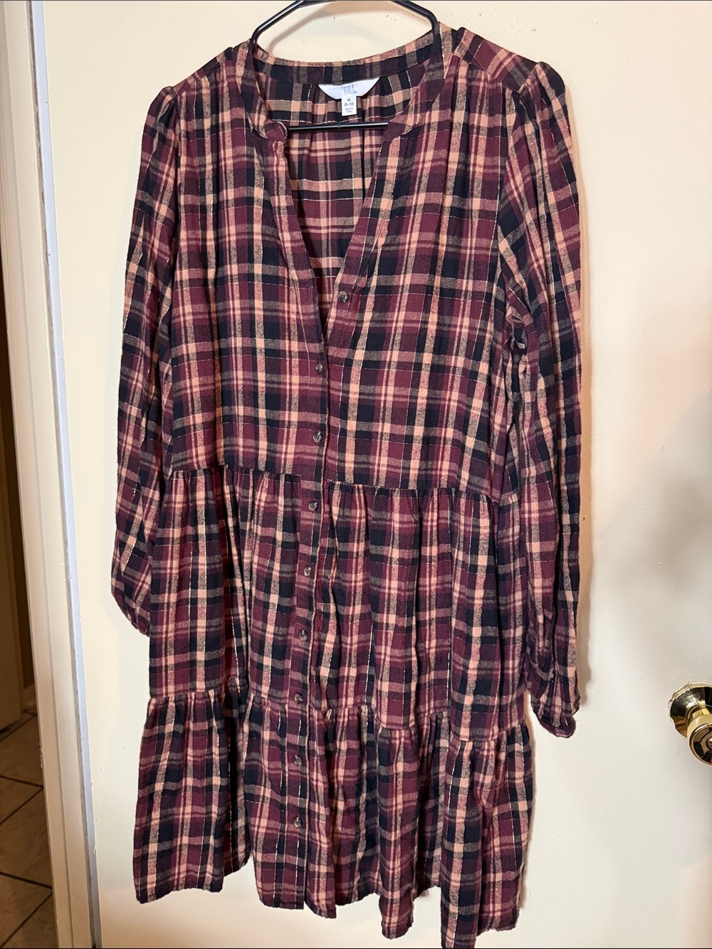 Time and Tru Burgundy and Black Plaid Tiered Button-Front Dress